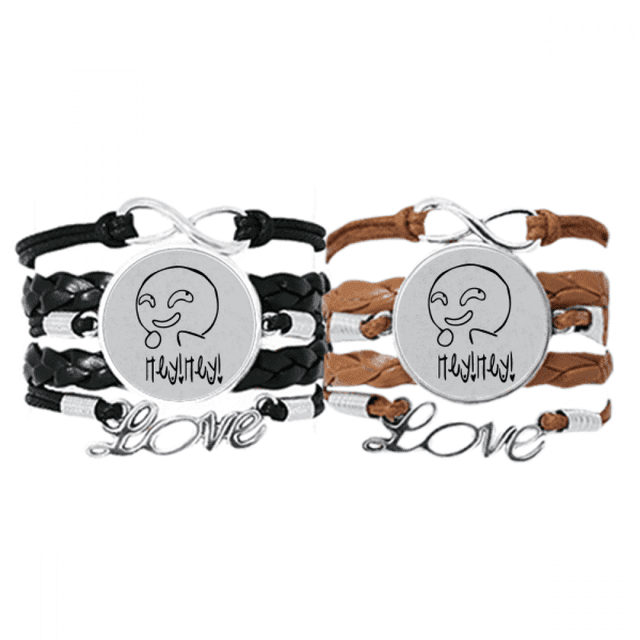 Strange Sle Black Cute Chat Face Bracelet Hand Strap Leather Rope Wristband Double Set