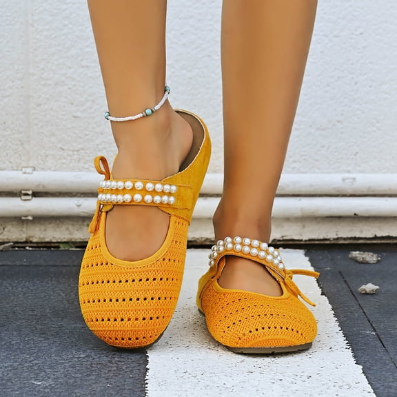 DIVVce Mesh Pearl Accent Mary Jane Mules For Women Closed Toe Slip On Comfort Casual Footwear