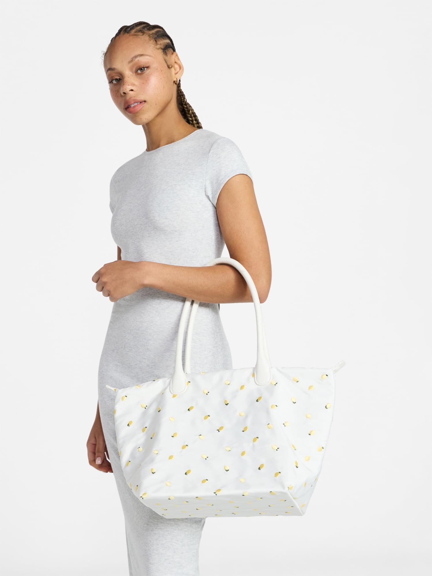 No Boundaries Women's Tote Bag, White with Lemon Embroidery