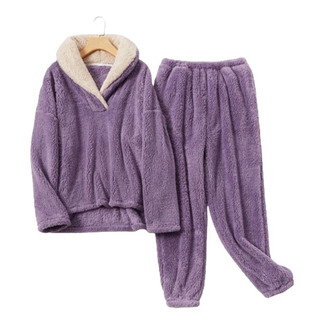 kurtrusly Pyjama en Molleton de Corail Doux et Confortable pour les Femmes pour Réchauffer l'Hiver Durable Pyjama en Velours Chaud Set Violet XL