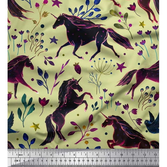 Soimoi Japan Crepe Satin Fabric Leaves,Floral & Unicorn Animal Decor Fabric Printed Yard 42 Inch Wide