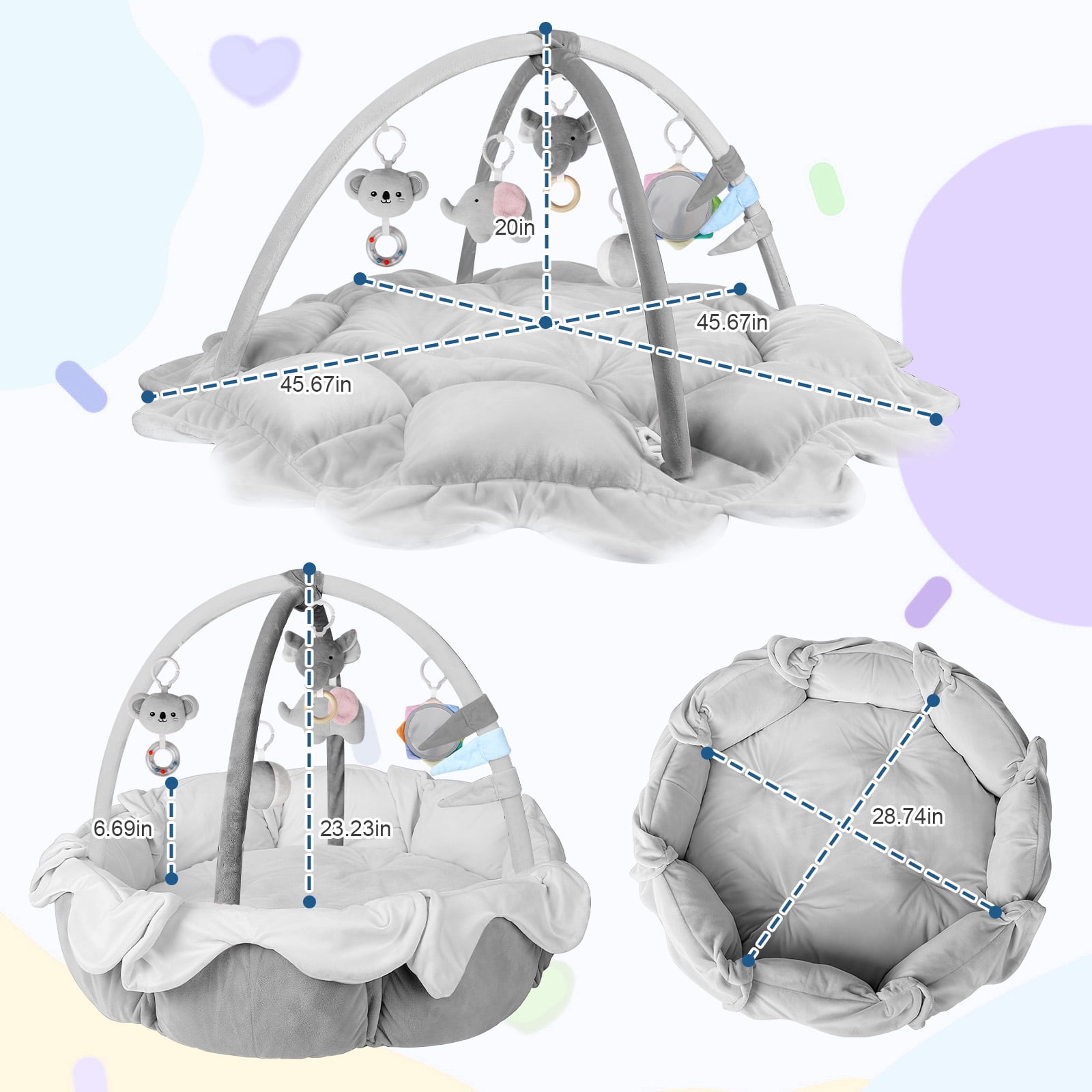 OMZER 5-in-1 Convertible Baby Play Gym, Non-Slip & Washable Activity Center for Babies, Grey
