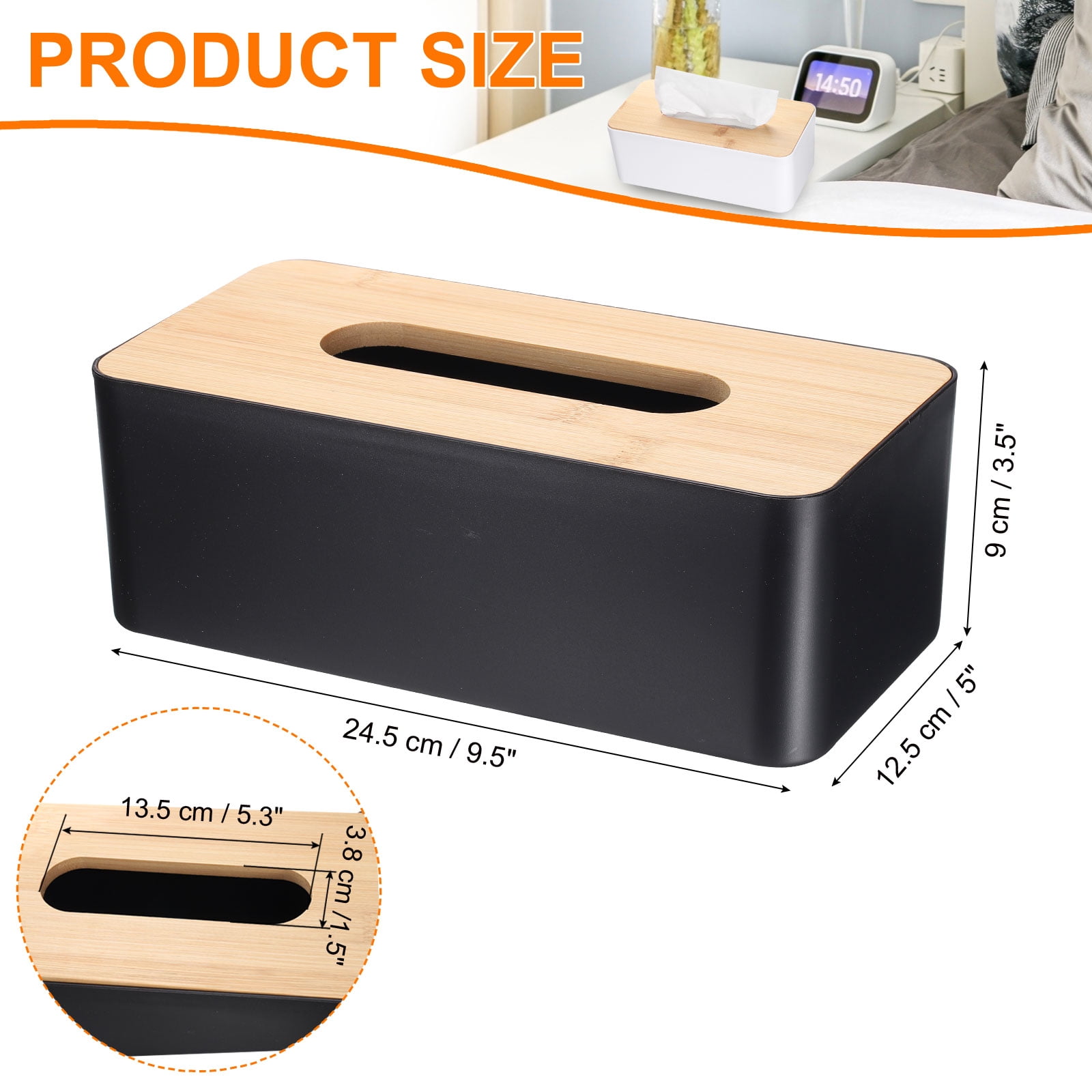 Unique Bargains Tissue Box Cover Bamboo Lid Square Holder Home Office Black