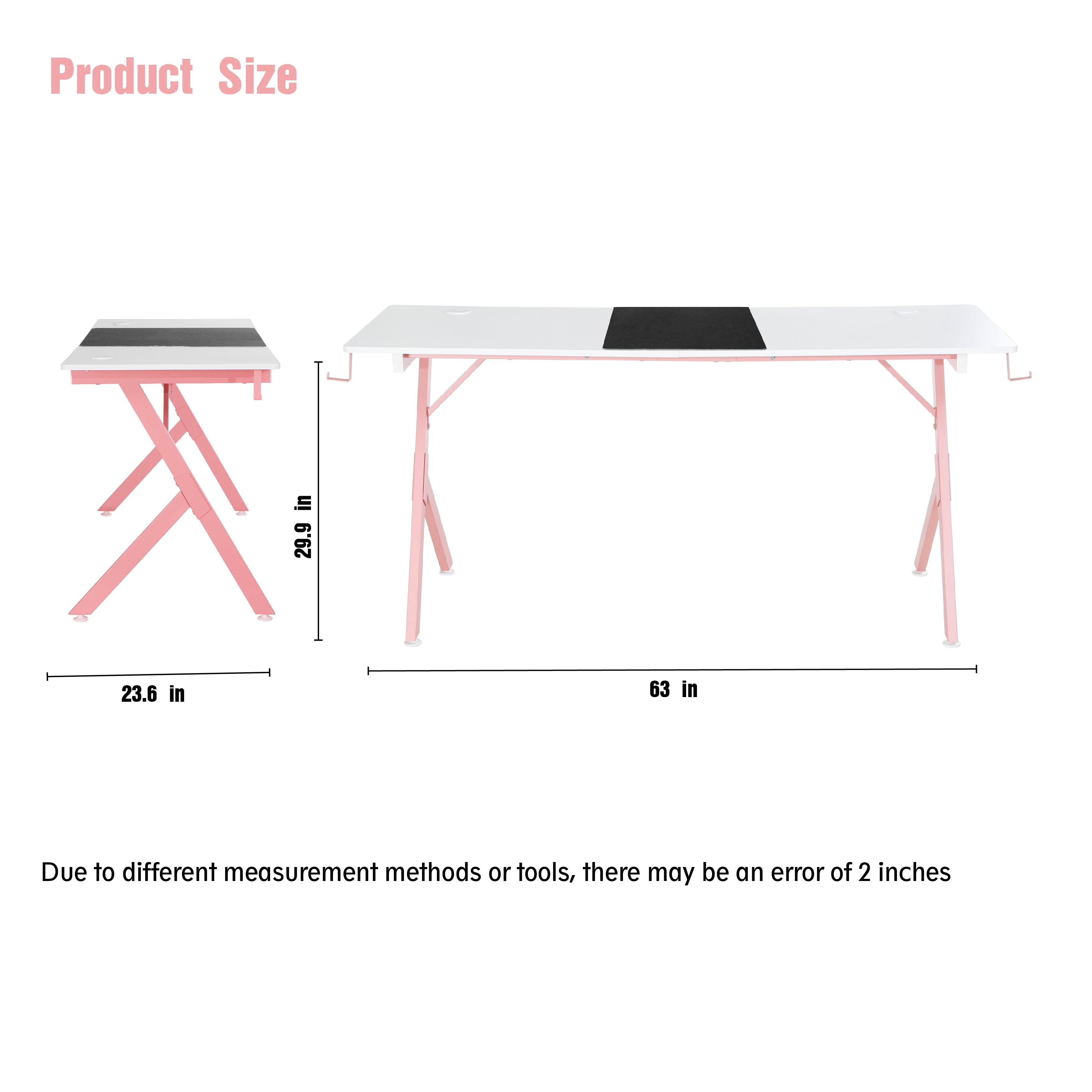 JJS Game Table 63 ", carbon fiber surface computer table, mouse pad, ergonomic e-sports style game table, dual headphone hooks, White pink