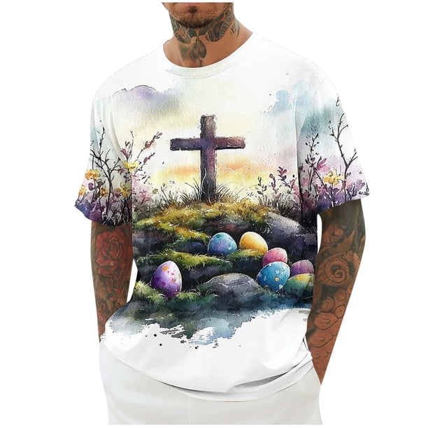 Blusa de Manga Corta para Hombres Impresión de Camiseta Cuello Redondo Top de Moda de Manga Corta