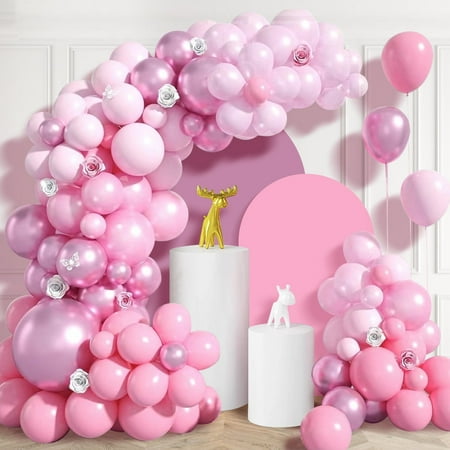 Yqwin 112Pcs Pink Balloon Garland Arch Kit Pink Light Pastel Pink Metallic Balloons Garland Metallic Pink Balloons Different Sizes For Princess Wedding Birthday Bridal Shower Party Decorations