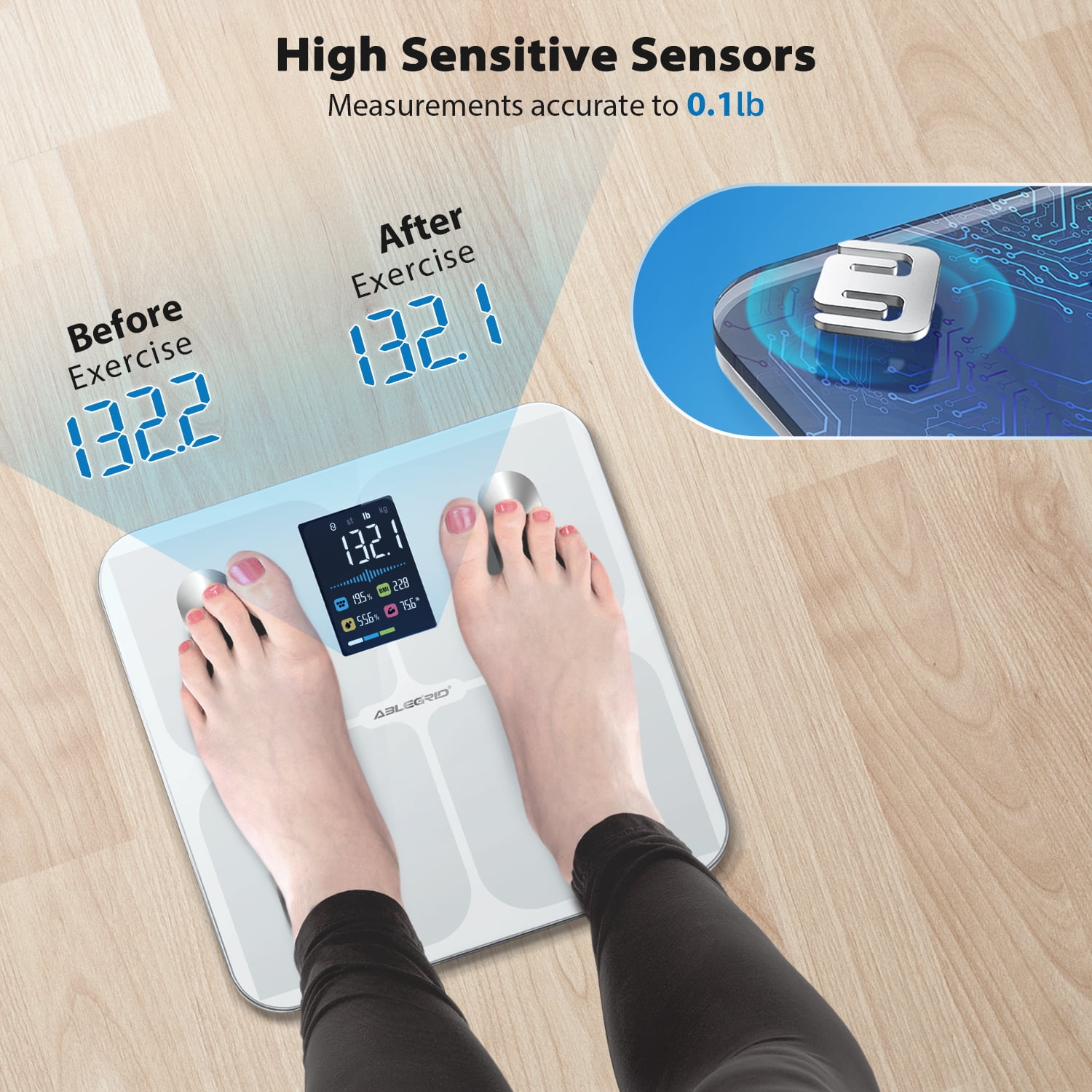 ABLEGRID Smart Digital Bathroom Scale for Body Weight and Fat Percentage Battery Powered, 400lb, White