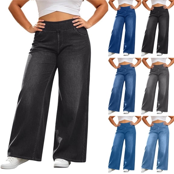 Women's Pull On Stretch Wide Leg Jeans Plus Size Soft Faux Loose Denim Palazzo Pants Vintage Washed Y2K Casual Trousers with Pockets Sky Blue