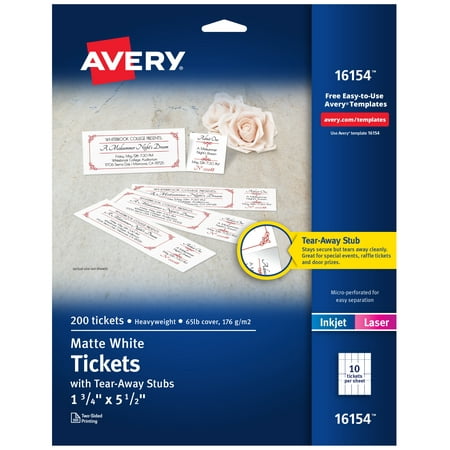 Avery Printable Tickets with Tear-Away Stubs, 1.75" x 5.5", Matte White, 200 Blank Tickets for Laser and Inkjet Printers (16154)