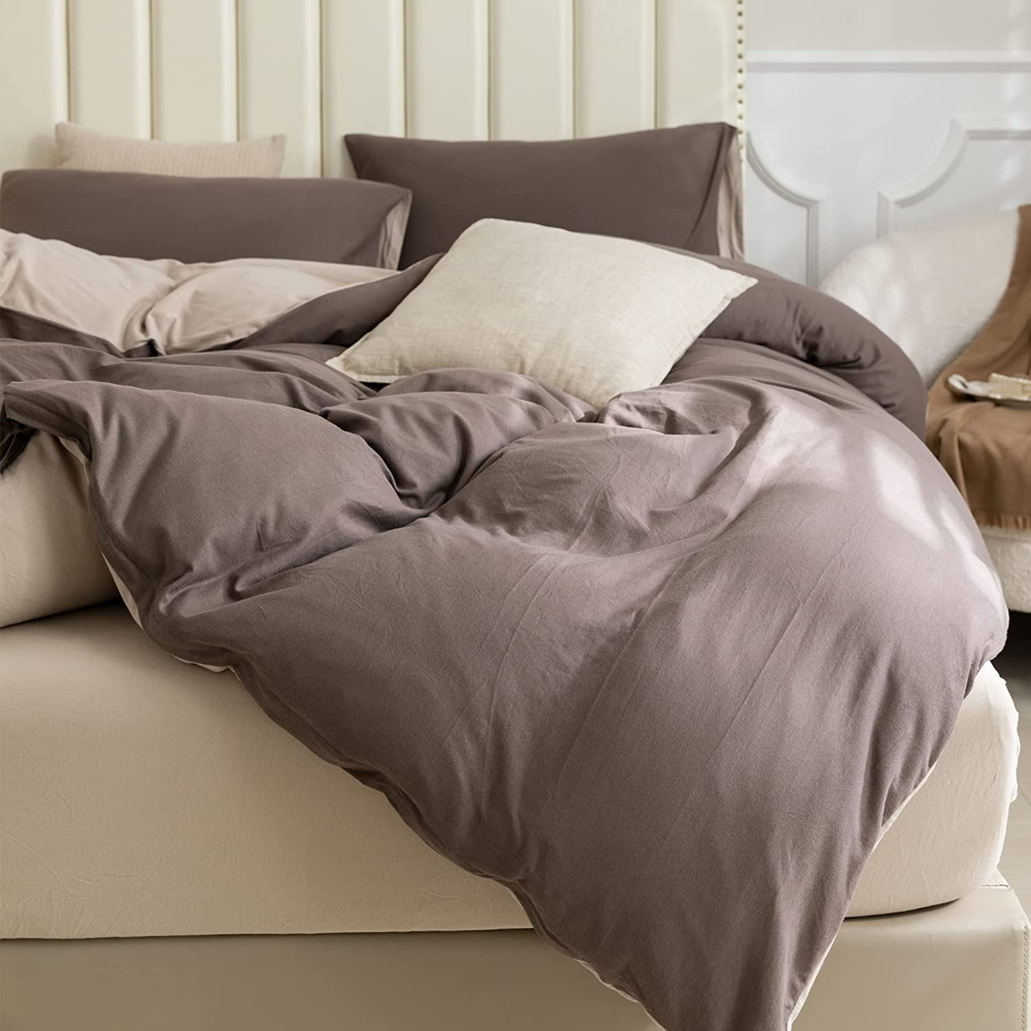 PURE ERA 3pc Duvet Cover Set-Jersey Knit Cotton 100% T-Shirt Cotton-Reversible Cover Super Soft Stretchy-King Size,Solid Brown/Tan