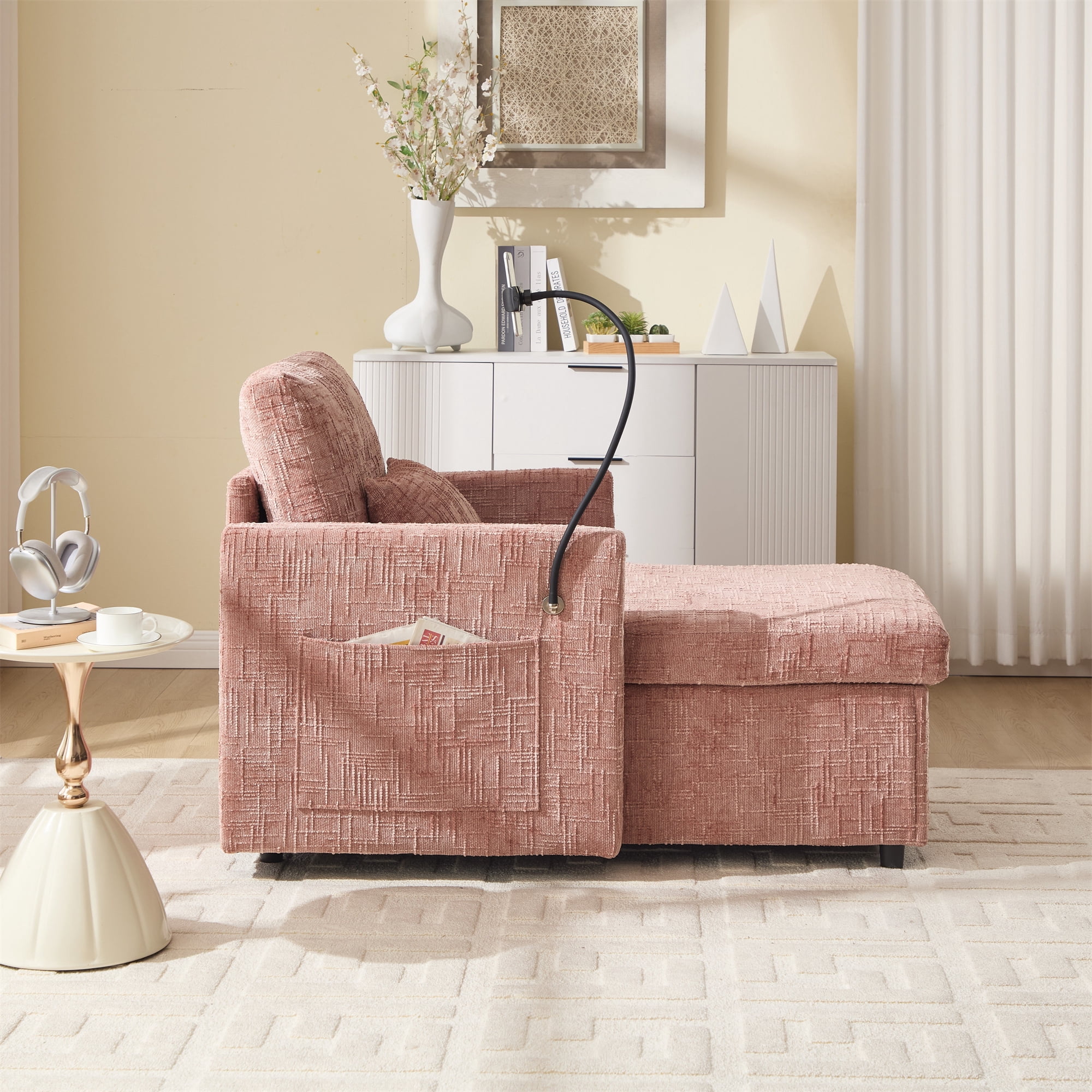 Aukfa Storage Chaise Lounge Single Sofa with Phone Holder and Pillow for Living Room Bedroom, Chenille, Pink