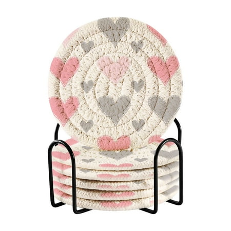 

6-Pack Polyester Coil Coasters with Holder - Heat-Resistant (140℃) Non-Slip & Durable，Pink and Gray Hearts