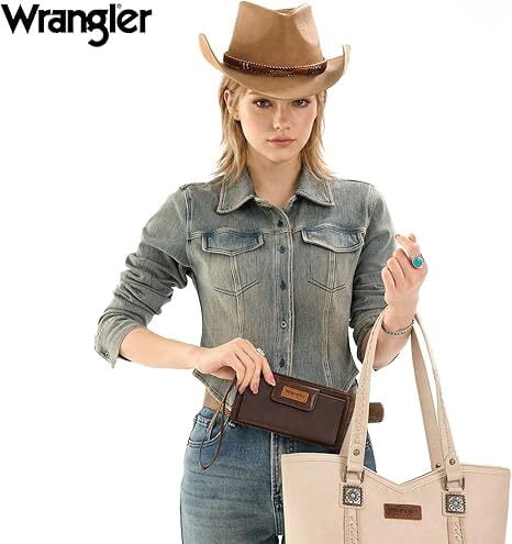 Wrangler Women’s Western Wallet - RFID Blocking Bifold Wristlet with Zipper Pocket and Elegant Tooling Design, Coffee