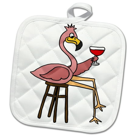 3dRose Funny Pink Flamingo on Bar Stool Drinking Red Wine - Pot Holder, 8 by (Best Way To Drink Port Wine)