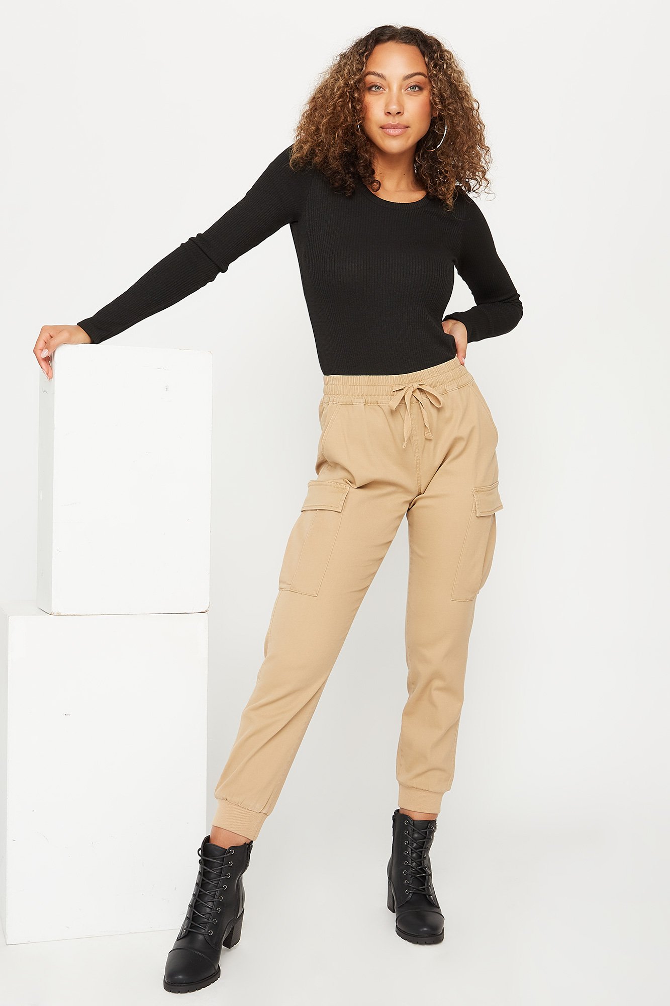 khaki drawstring cargo joggers womens