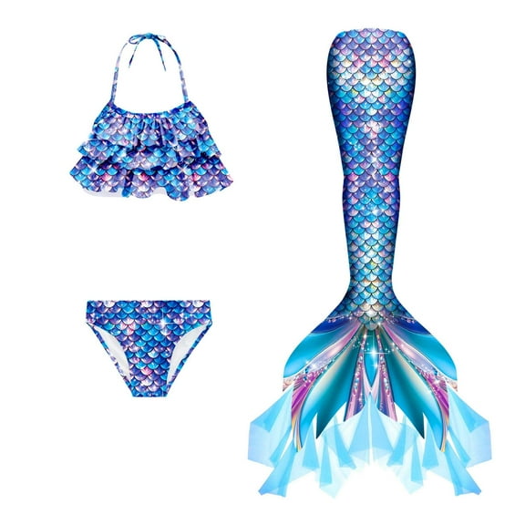 【Uhome】3PCS Girls Mermaid Swimsuit Hot Spring Bikini Bathing suits with Fish Tail Kids Beach Costume Set 3-12Y