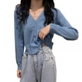 thumbnail image 1 of 2021 SALE Girl Women's Solid Color Knit Cardigan Small Short V-neck Long Sleeve Thin Jacket Crop Top Outerwear,Blue, 1 of 10