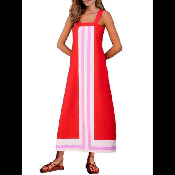 Vestido Bohemio Floral para Mujer, Vestido Informal de Verano con Bloques de Color. Rojo M