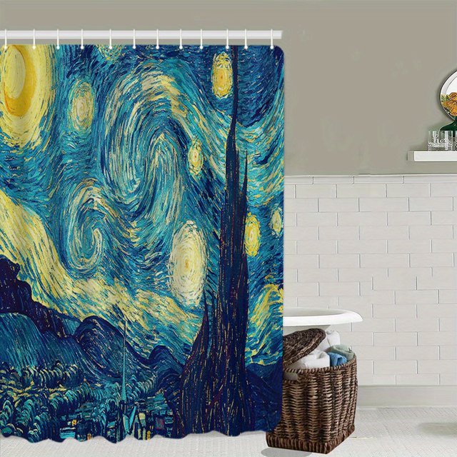 1pc Van Gogh Shower Curtain with 12 Hooks and Non-Slip Bathroom Rug - Perfect for Bathroom Decor and Organization