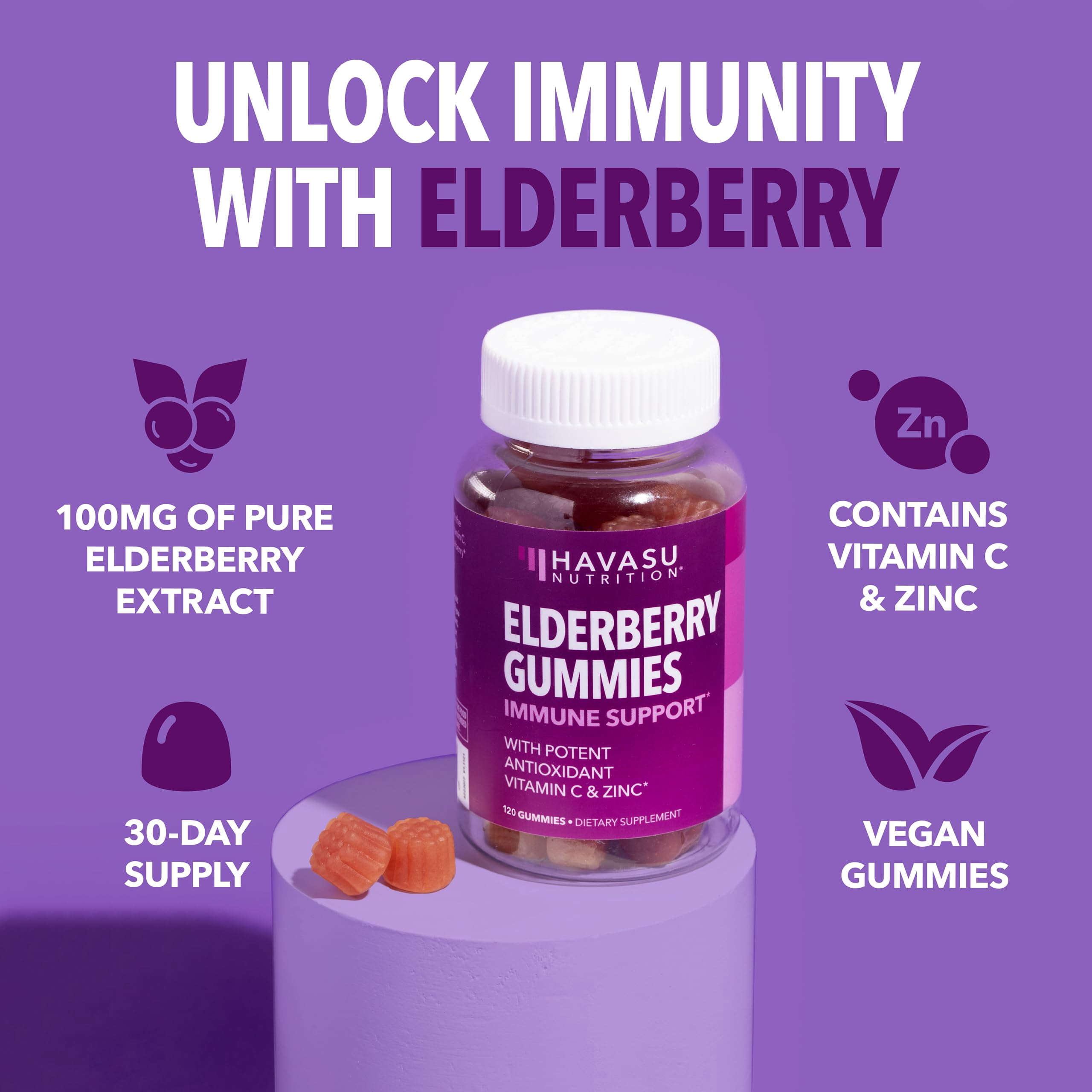 Havasu Nutrition Elderberry Gummies with Zinc and Vitamin C, Immune Support for Adults, 120 Count
