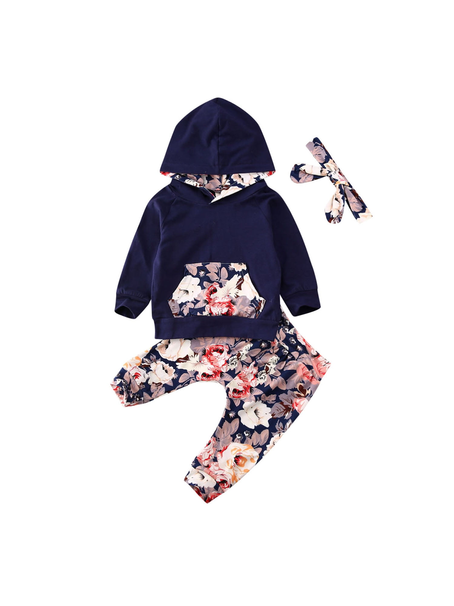 Baby Girls Clothes Floral Kangaroo Pocket Hoodie Top and Pant with Headband Winter Fall Outfits Set