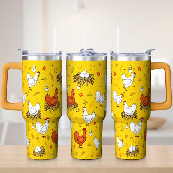 Chicken tumbler 40 oz tumbler with handle and straw 304 stainless steel travel cup coffee mug water bottle suitable as a gifts for women mom gifts gift for chicken lovers