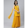 thumbnail image 4 of Janasya Indian Women's Mustard Georgette Solid Kurta with Kali Palazzo and Dupatta, 4 of 10