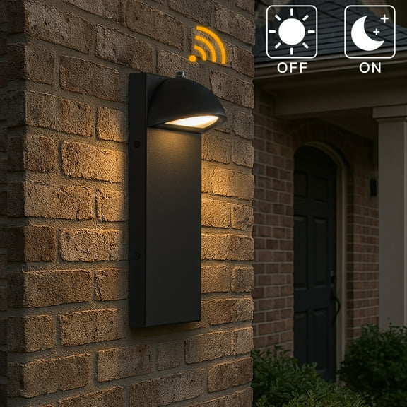 1 Light H11 in. Modern Outdoor Integrated LED Wall Light with Dusk-to-Dawn Sensor Minimalist Lines Black Exterior Sconce with Frosted Glass for Entryway Porch