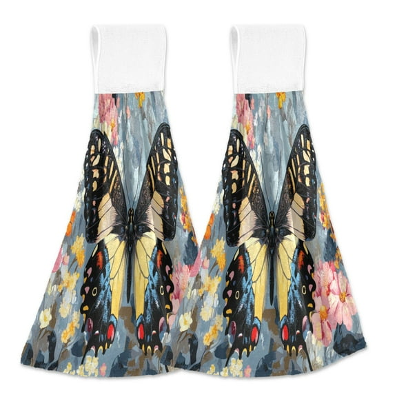 BZSMCE Hanging Hand Towels Fashion Butterfly on Floral Pattern 2-Pack - Velcro Style Bathroom Kitchen Towels