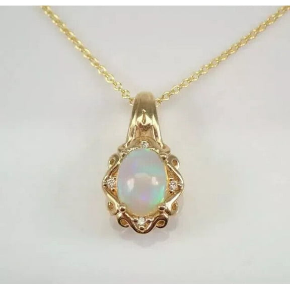 14K Yellow Gold Finish Lab Created Fire Opal Ovel Cut Beauty Pendant