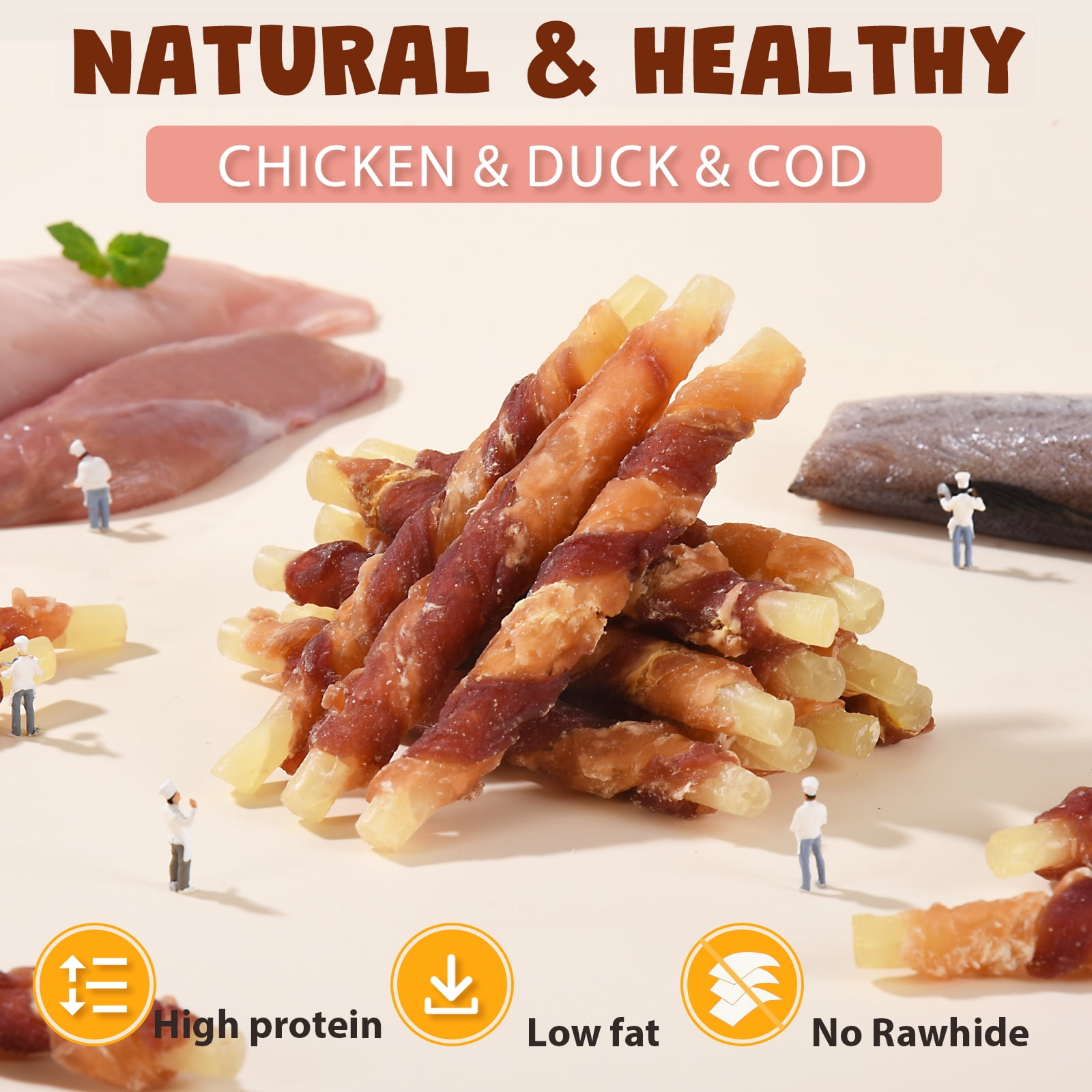 (3 pack) ASMPET Rawhide Free Dog Treats Chicken Jerky & Duck Wrap Cod Sticks, Healthy Treats for Dogs, Soft Chewy Healthy Natural Treats, 15pcs, 11oz