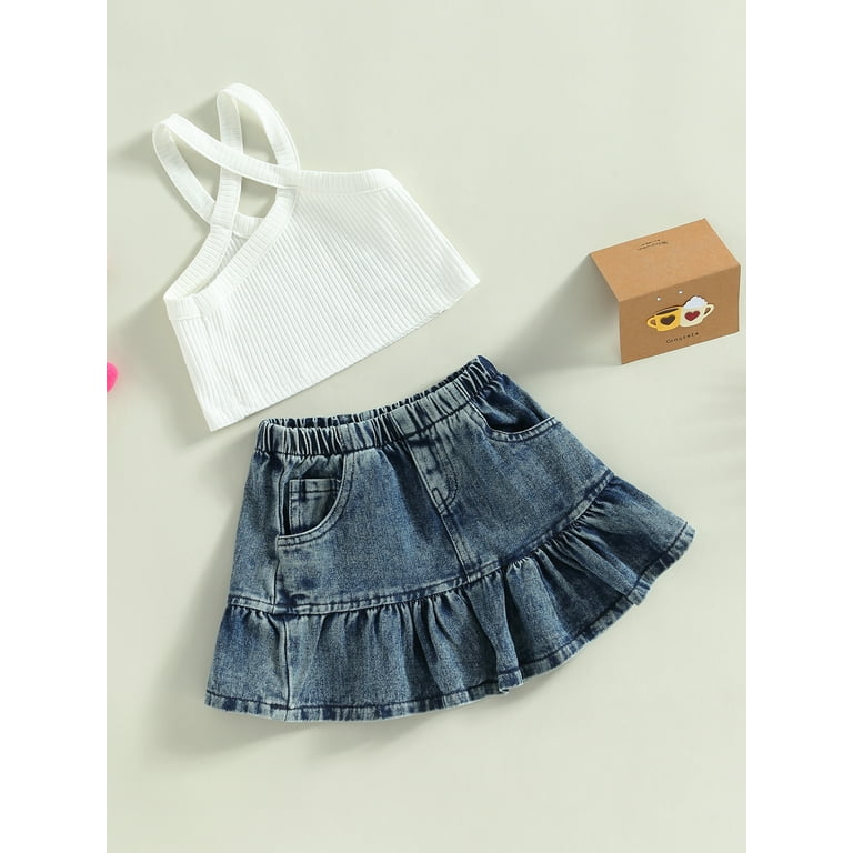 Wassery Kids Girl Summer Dress Outfit Solid Color Ribbed Camisole Elastic Denim Skirt Set for Toddler 12M 5T Walmart