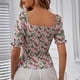 thumbnail image 5 of Top con hombros descubiertos y estampado floral Blusas elegantes con cuello cuadrado Cintura fruncida Top de media manga de verano, 5 of 6