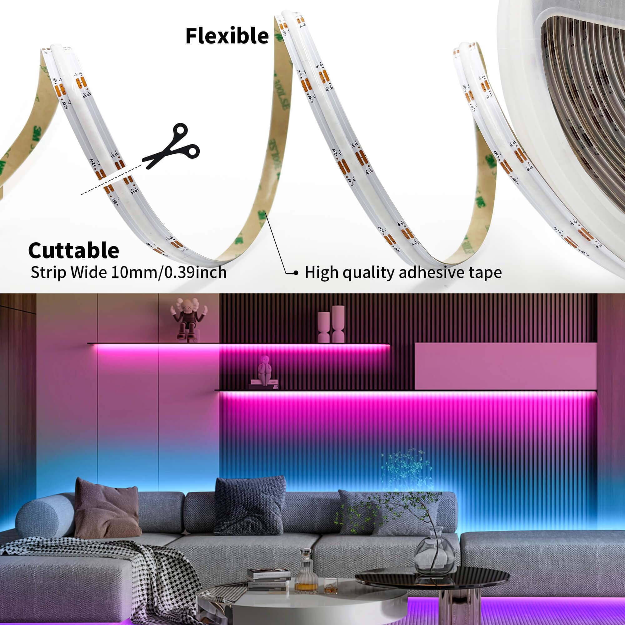 GIDEALED 24V COB RGB LED Strip Light 32.8ft,16 Million RGB Colors Changing,High Density 6720 LEDs Flexible COB LED Strip Light DC 24V for Bedroom Decoration (Without LED Controller&24V Power Supply)
