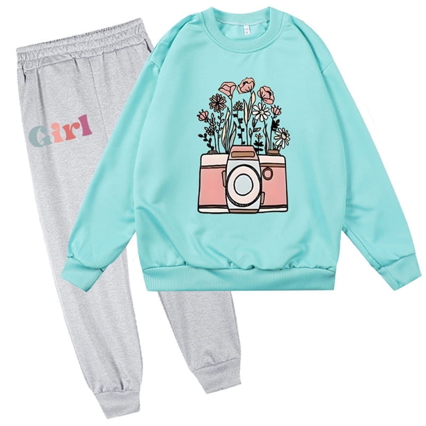 Odeerbi 2-9 Años Niñas Conjuntos de Algodón Sudaderas de Flores Cuello Redondo Sudaderas Pantalones de Dos Piezas Conjunto Floral Top Pantalones Largos