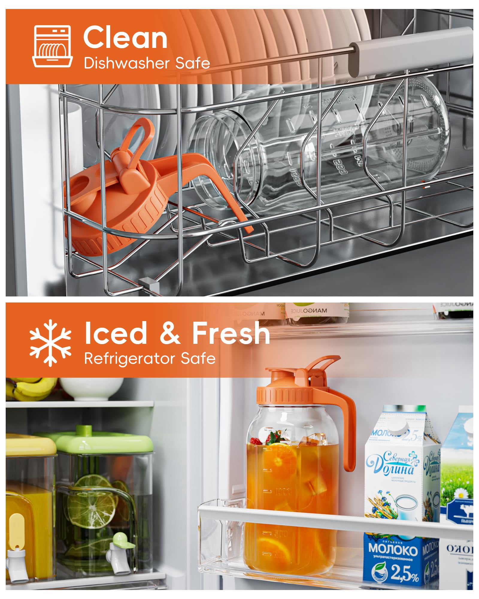 Glass Pitcher With Airtight Lid And Spout  64oz Mason Jar - Wide Mouth Leakproof Water Jug For Juice Sun Iced Tea Cold Brew Coffee Milk Storage Orange