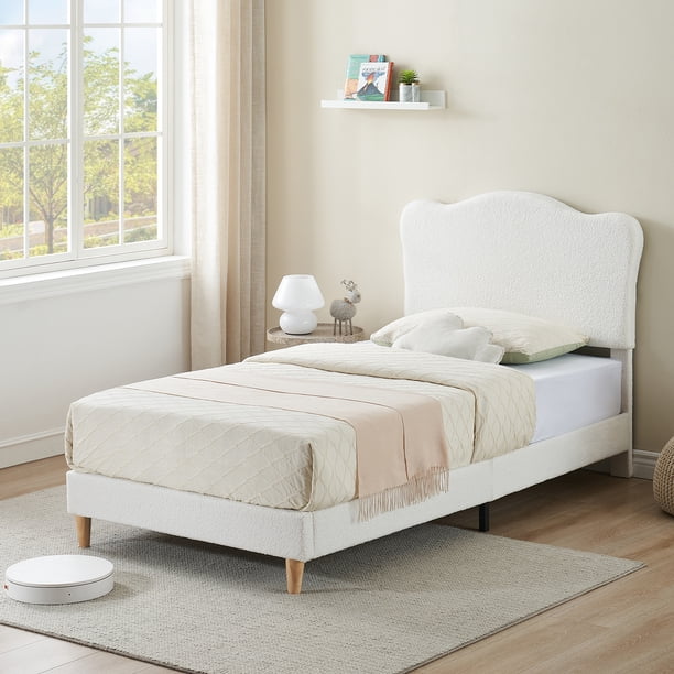 CazToi Cama tamaño Individual tapizada, cama suave de vellón de cordero, cama plataforma resistente con listones de madera, no necesita somier