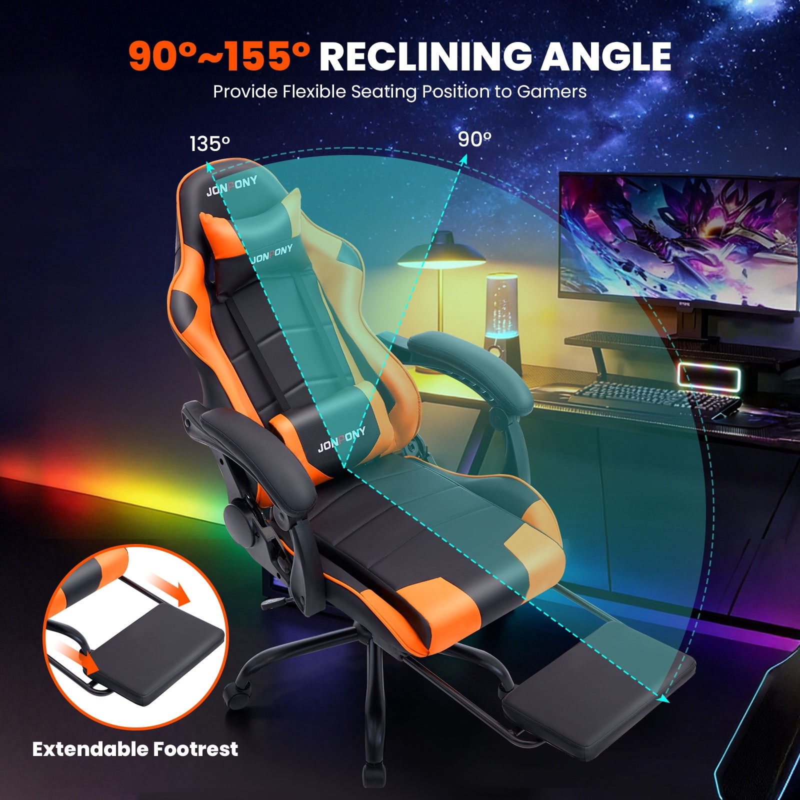 JONPONY Big and Tall 500LBS Gaming Chair, Ergonomic Design, Gamer Chair PU Leather with Footrest and Lumbar Support, High Back Office Chair Support, Long Sitting Computer Chair, Orange