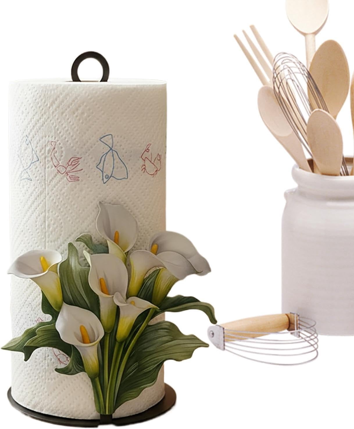 Decorative Paper Towel Holder with Flower Pattern – Freestanding Tissue Roll Rack for Home, Kitchen, Bathroom, or Office