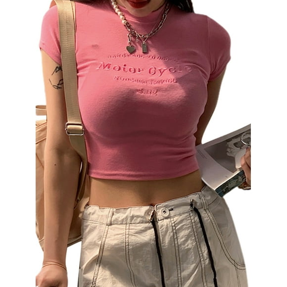Fortune Women Pink T-Shirts Baby Tees Short Sleeve Crew Neck Crop Top Summer Slim Fit Tops