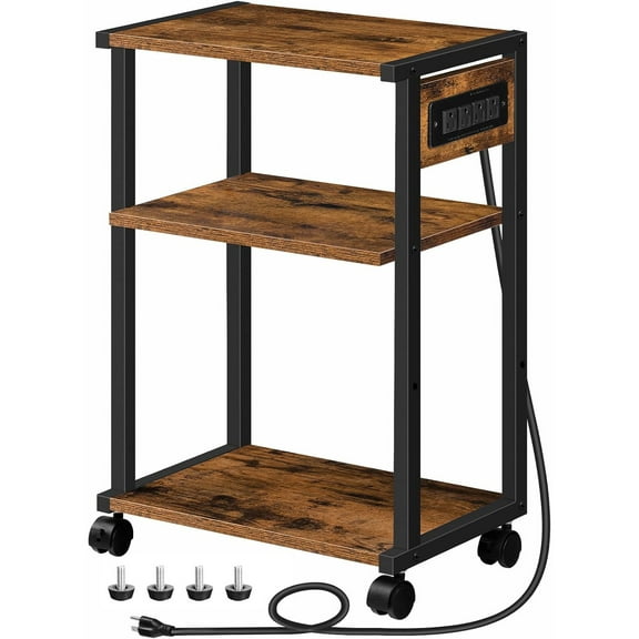 Industrial Printer Stand with Charging Station, 3-Tier Printer Table, Rolling Printer Cart with Adjustable Shelf and Hook, Rustic Brown and Black BF28UPS01