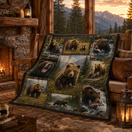 Grizzly Bear Family Flannel Blanket with Cubs Climbing Trees, Realistic Forest Wildlife Throw for Couch Bed Cabin Lodge and Reading Nook Space, 50 x 60 in