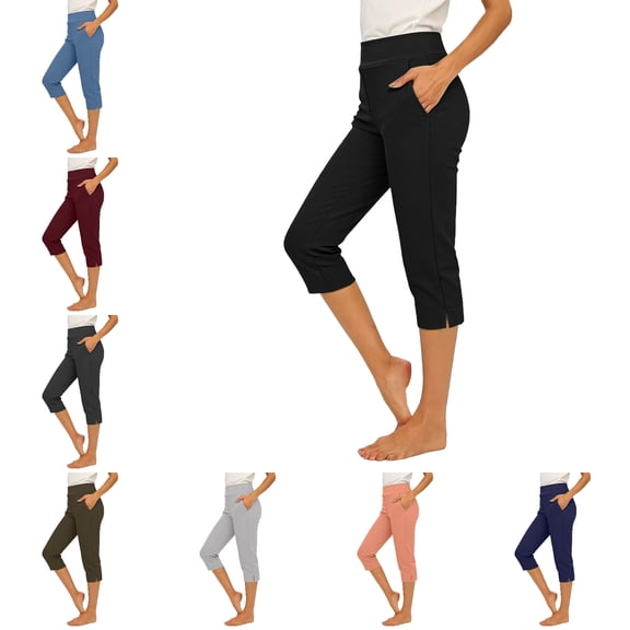 RQYYD Women's Capri Pants High Waisted Straight Leg Side Slit Pockets Casual Stretch Lightweight Pull On