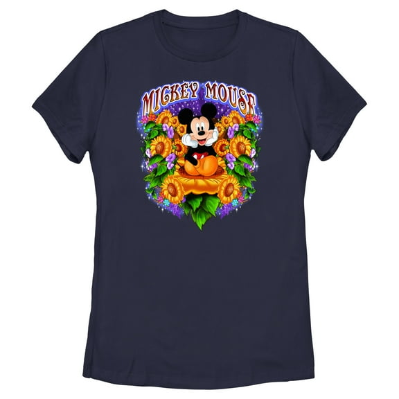 Women's Mickey & Friends Colorful Sunflower Field Graphic Tee Navy Blue Medium