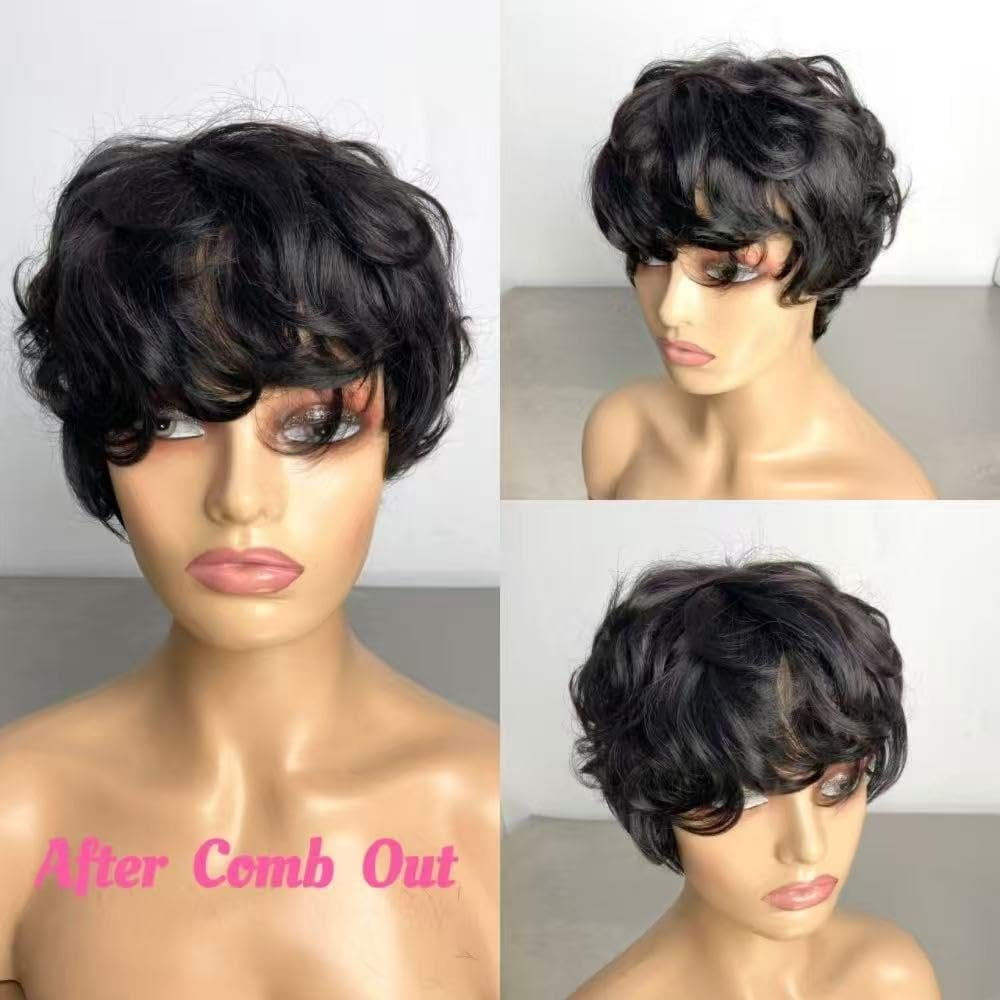 Bob Wig Human Hair Short Pixie Cut Wigs for Black Women - None Lace Front Glueless Pre-Plucked Short Curly Wigs with Bangs, Daily Use Black 1B Color