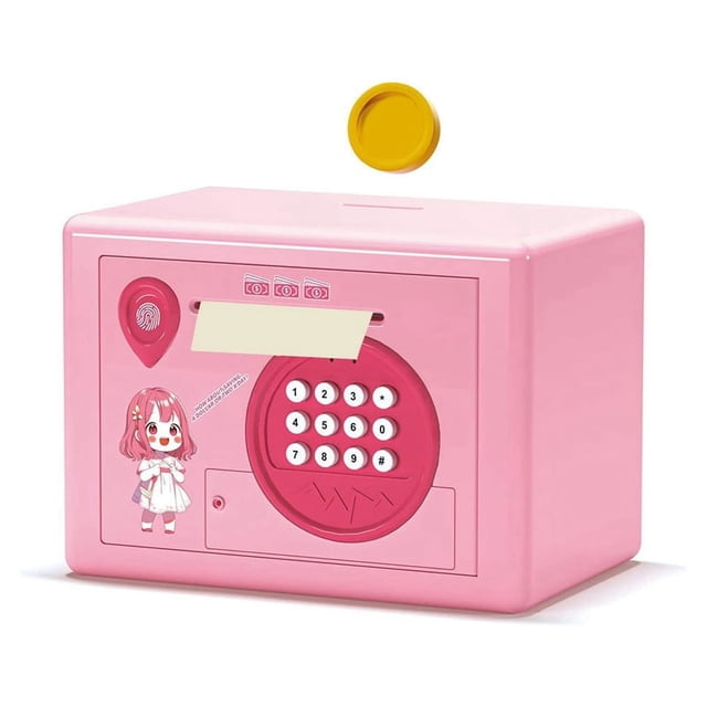 Alcancía para Niños, Caja de Ahorro de Dinero con Contraseña y Huella Dactilar, Cajero Automático Seguro para Monedas, Regalo de Cumpleaños, Color Rosa