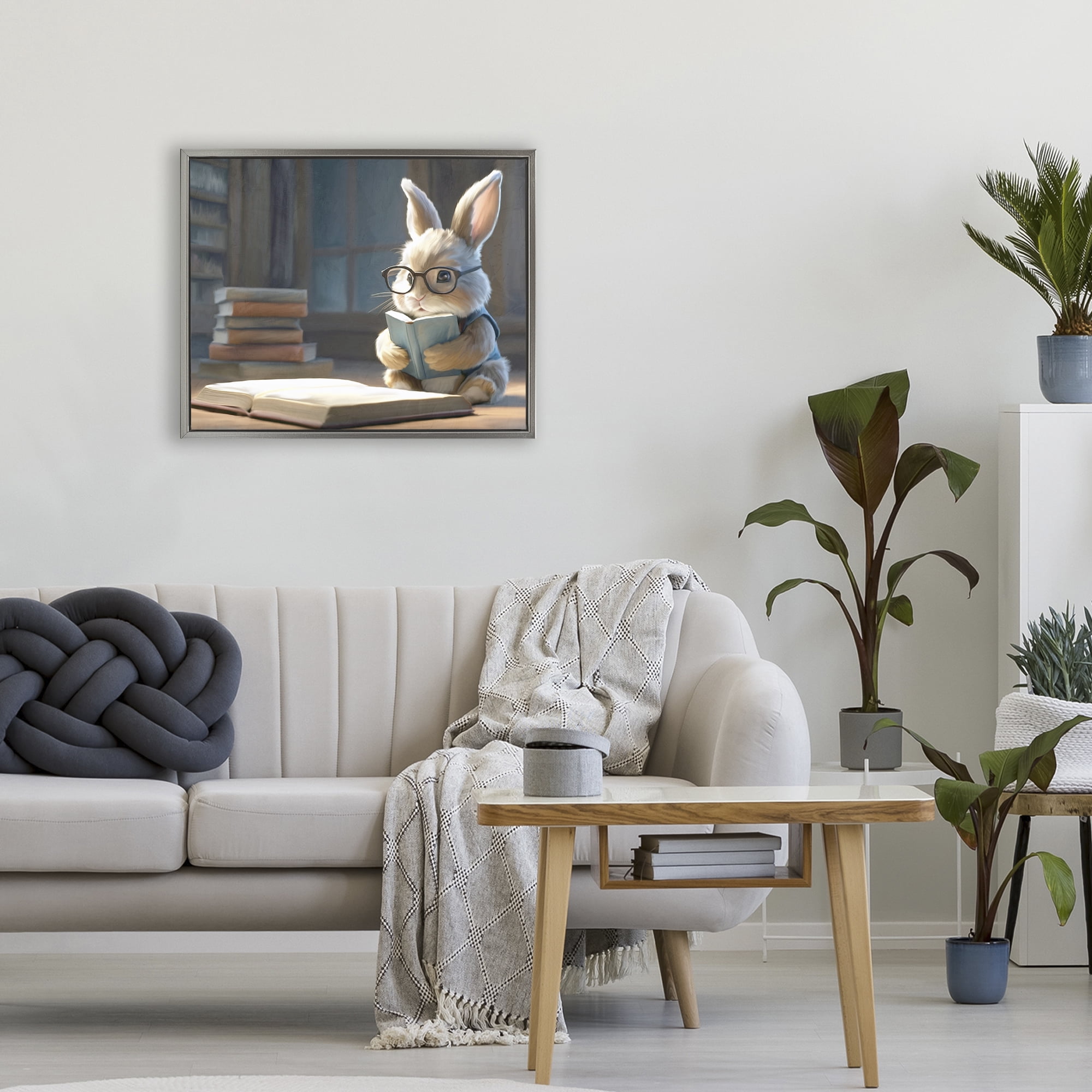 Stupell Industries Bookish Bunny at Desk Gray Framed Floater Canvas Wall Art, design by Kim Allen