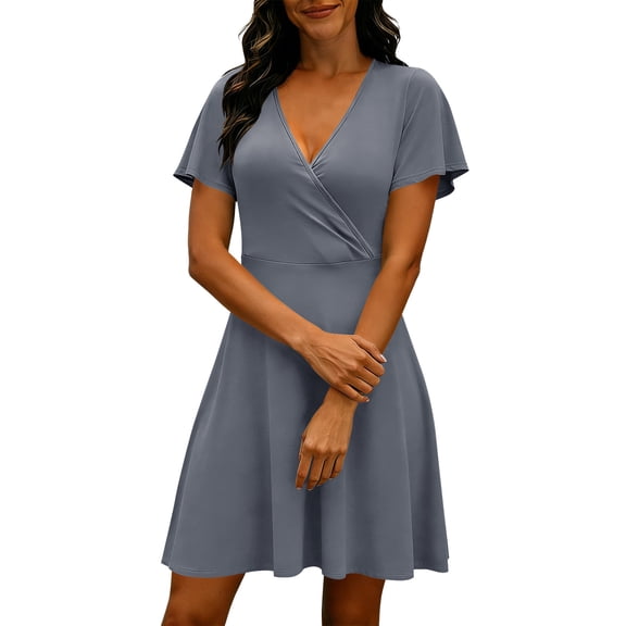GUACER Summer Dresses for Women A-Line V Neck Ruffle Sleeve Wrap Midi Dress Casual Loose Fit Sundress