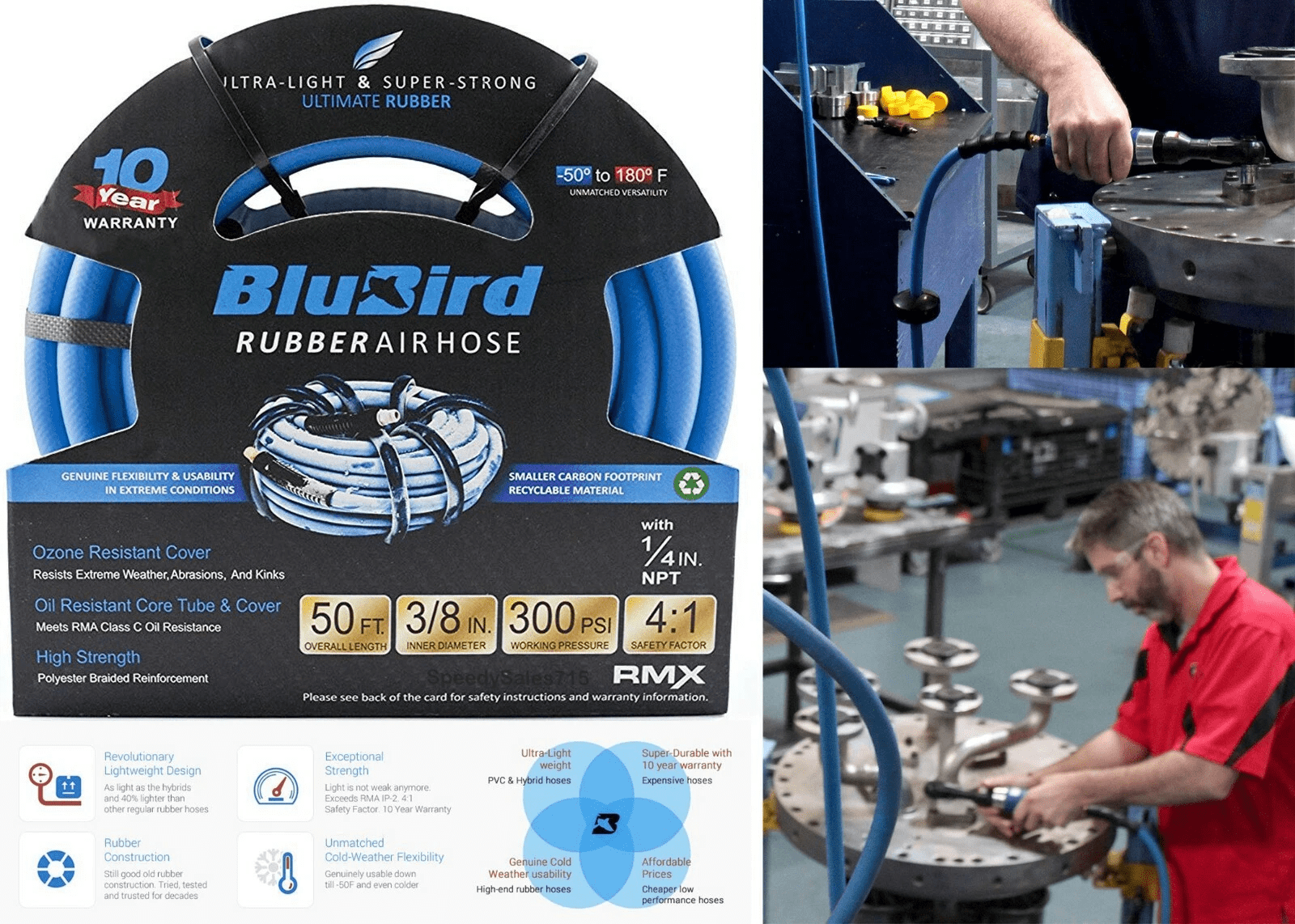 BluBird Heavy Duty Rubber Air Hose 3/8 in x 50 ft, 300 PSI, 1/4 in MNPT Fittings, Flexible, Oil & UV Resistant, 10 Year Warranty