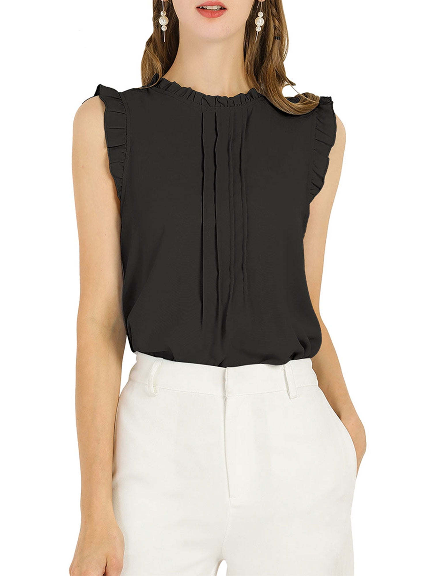 DARING DIVA Women's Ruffled Trim Pleated Plain Blouse Top XL Black